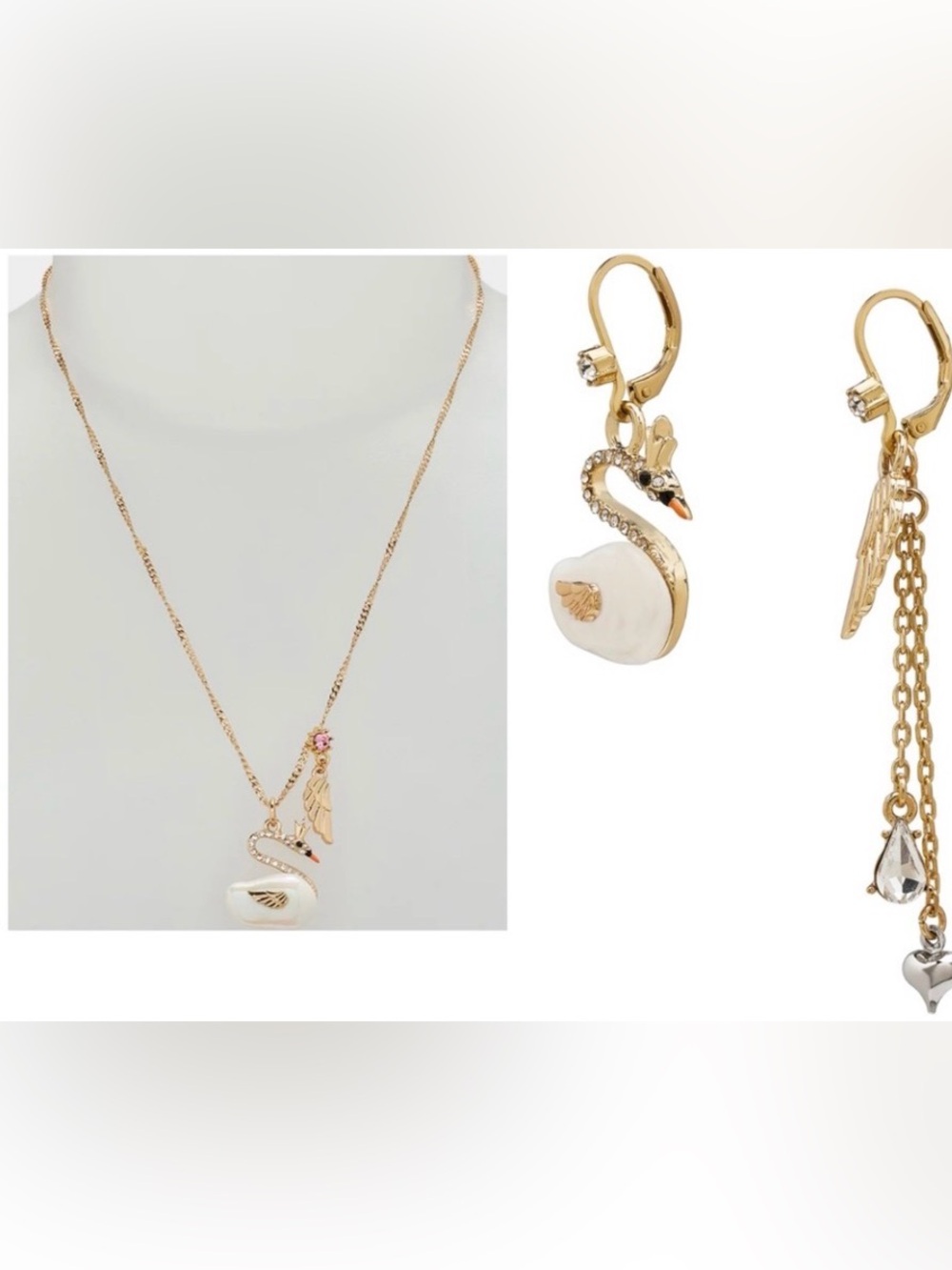 BETSEY JOHNSON SET Pearl Critters Swan Pendant Necklace & Matching Earrings NWT